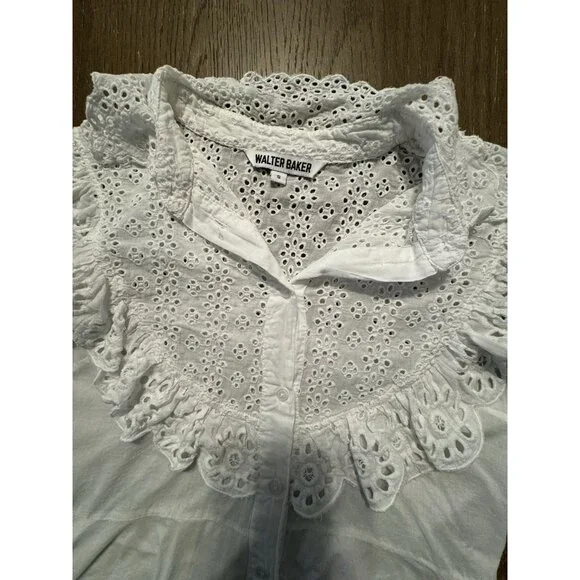 Walter Baker Eyelit flutter sleeve white Bib Collar Ruffle Shirt Small Coquette - Picture 8 of 11